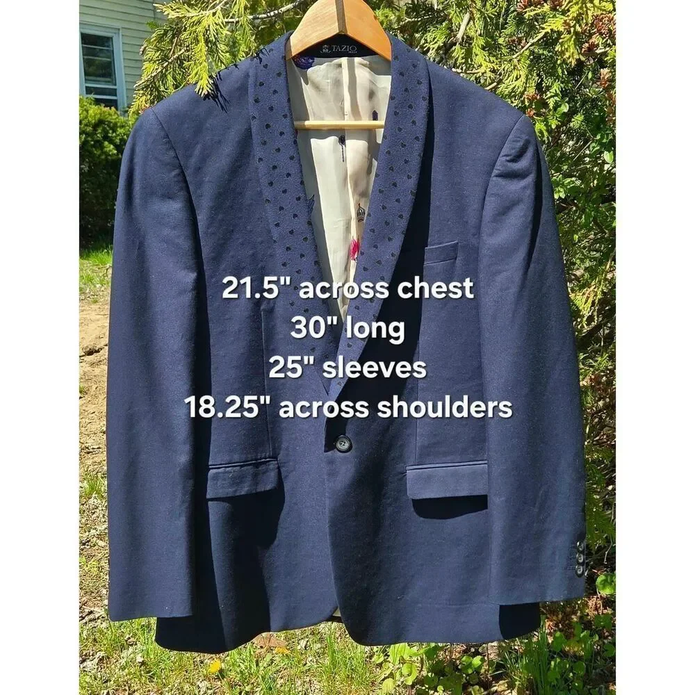 Tazio Italy Embellished Silk Lined Navy Sport Coat Suit Jacket Sz. 42R